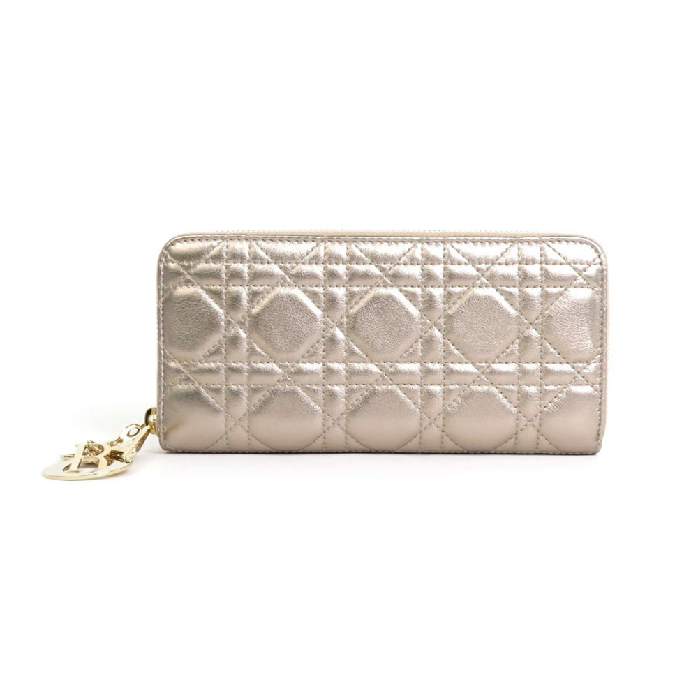 Christian Dior Round Zip Long Wallet Leather Gold